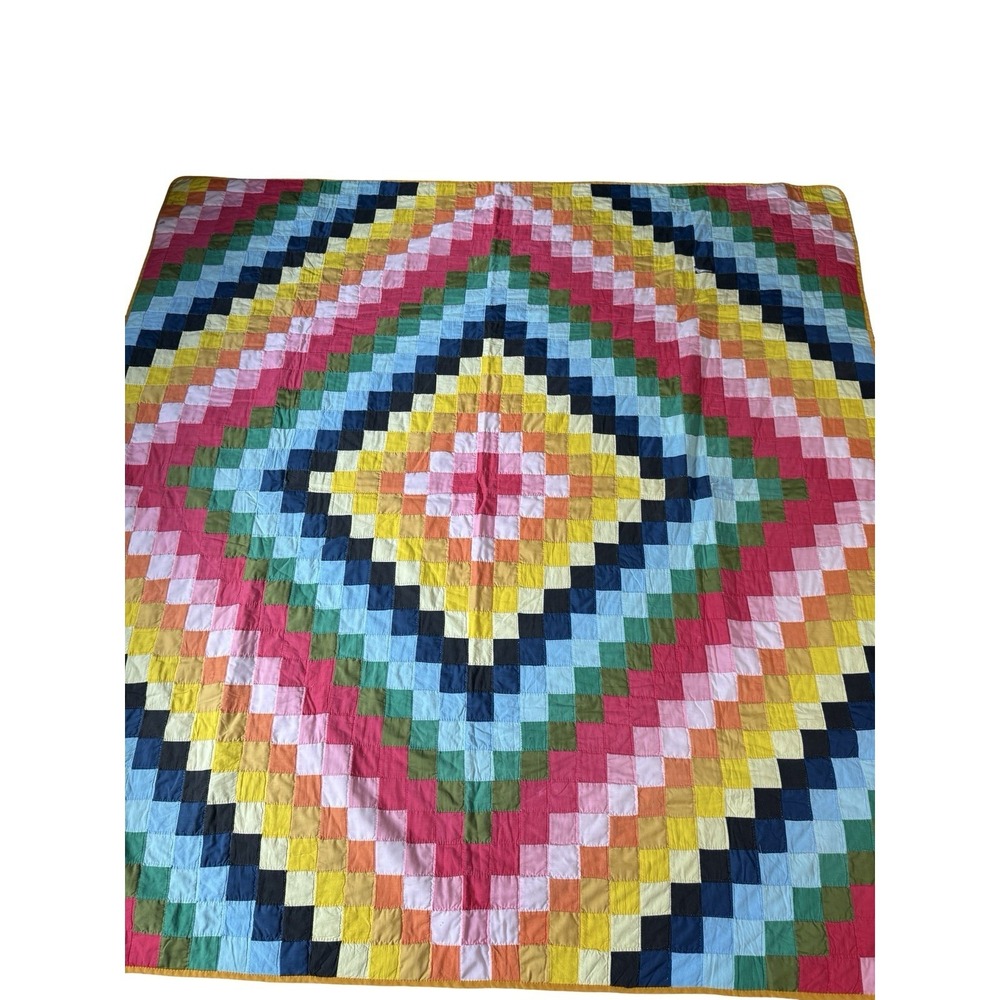 Vintage Diamond Trip Around The World Patchwork Quilt Handmade Rainbow